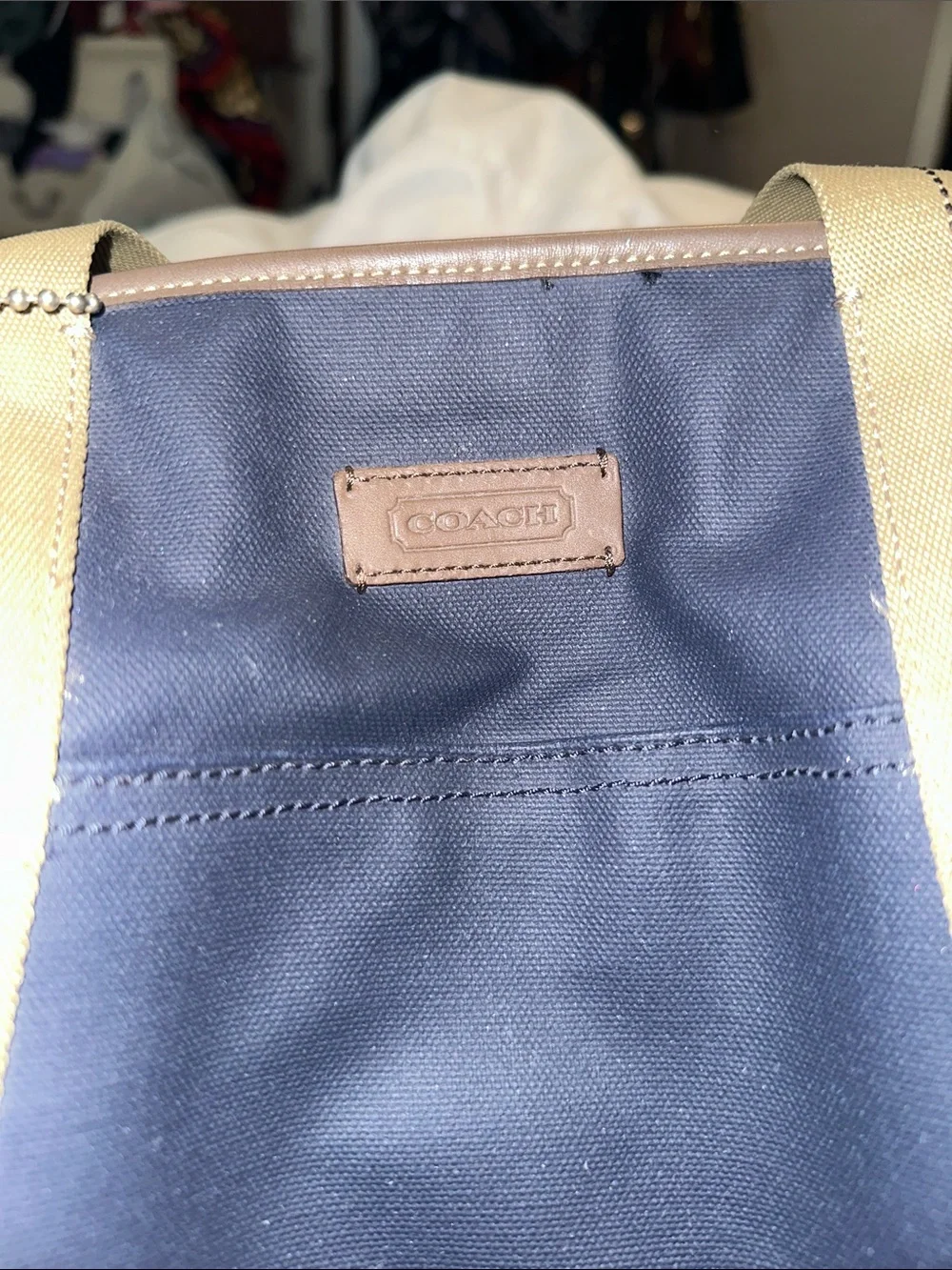 Coach heritage weekender canvas blue bag with tan straps blue signature bottom